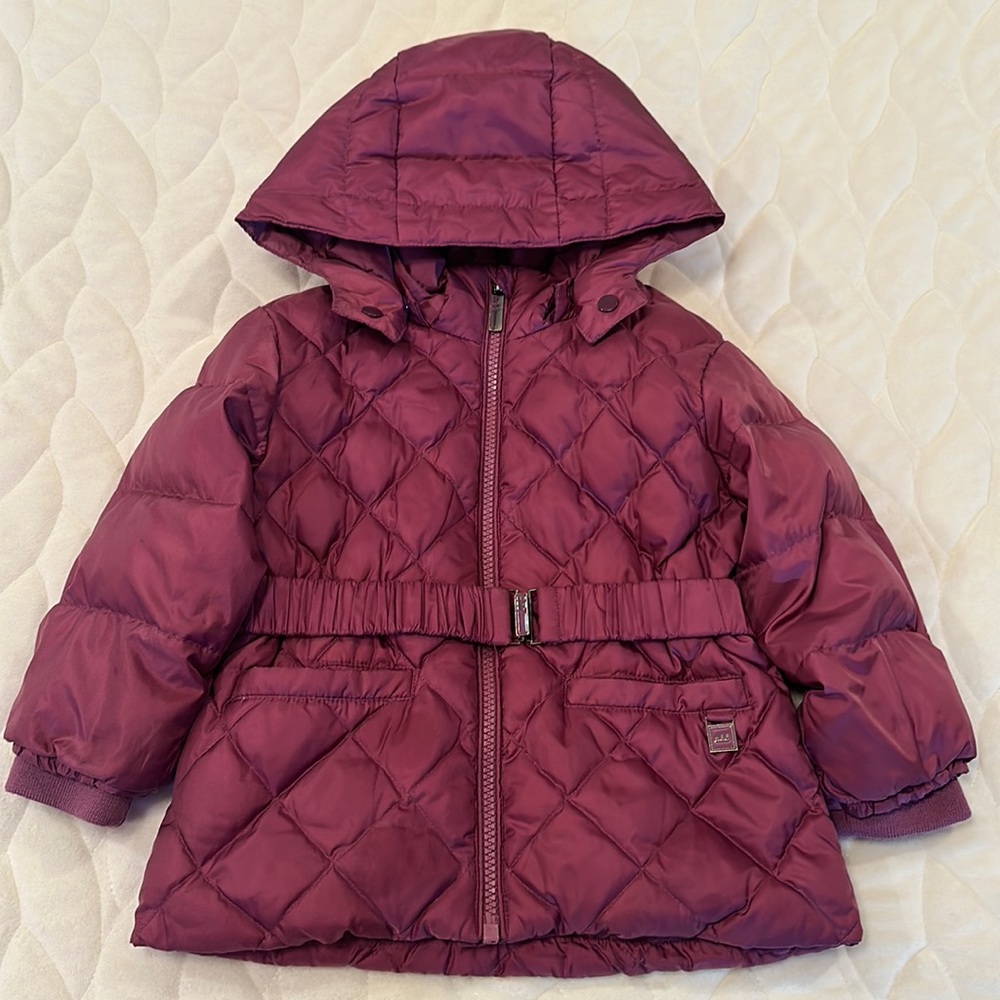 Add Down Hooded Puffer Jacket Diamond Quilted With Belt Infant Size 18 Months
